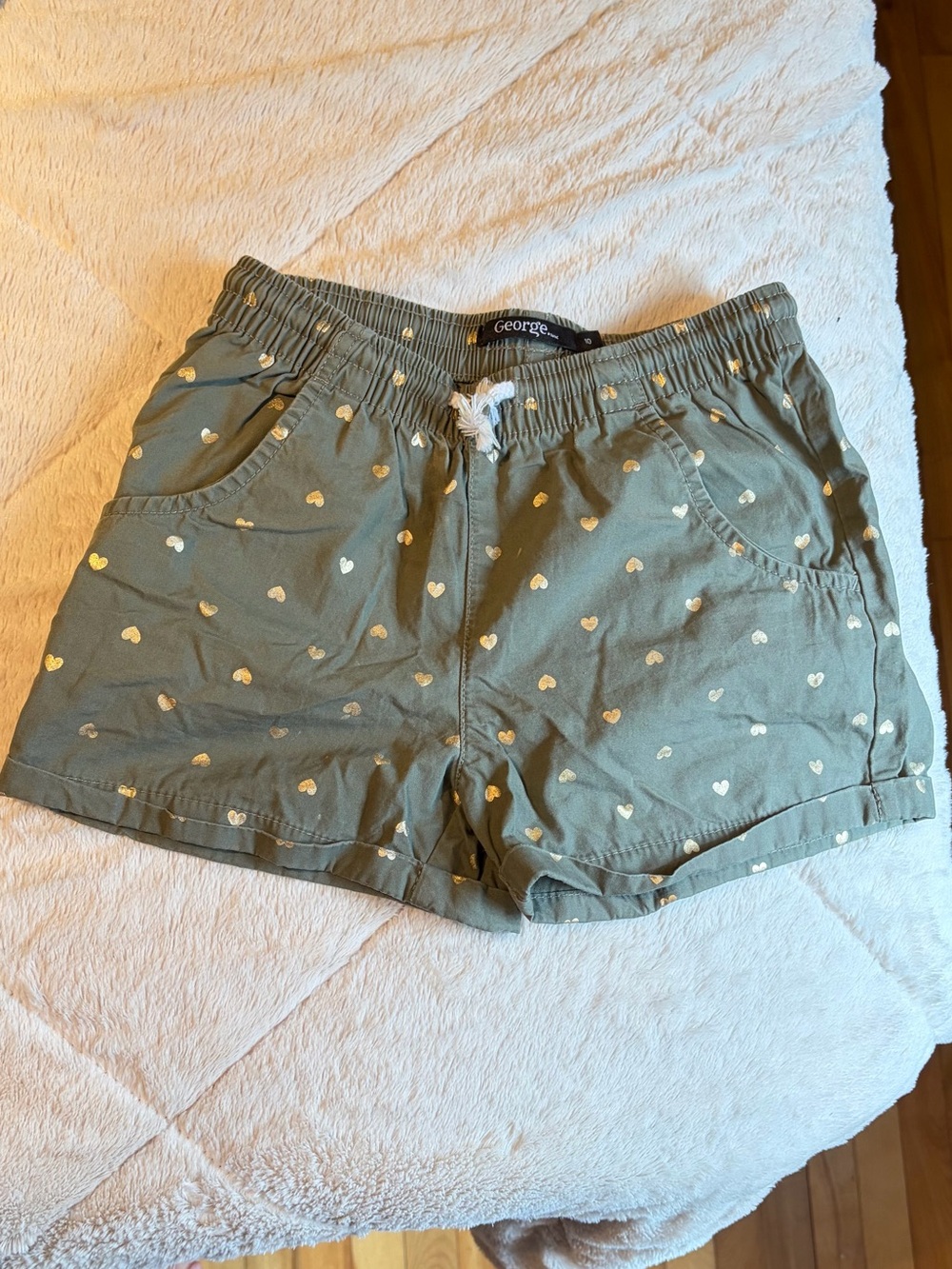 George Olive Green Elastic Waist Shorts with Gold Heart Accents